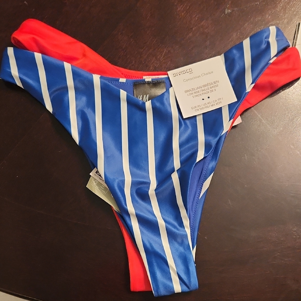 H&M Blue & White Striped Bikini Bottom with Red Back